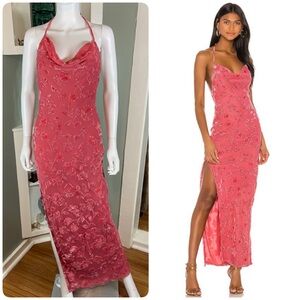 NBD Nicolette Coral Pink Burnout Velvet Glitter Halter Gown Maxi Dress Floral S